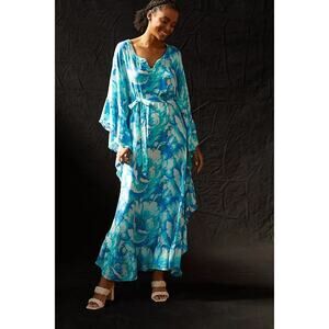 New Anthropologie Bel Kazan Floral Kaftan $150 ONESIZE Blue/Green Resort Wear